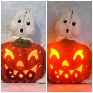 Vintage Halloween Hand Painted Lighted White Ceramic Ghost Pumpkin Boo 10.75"x10
